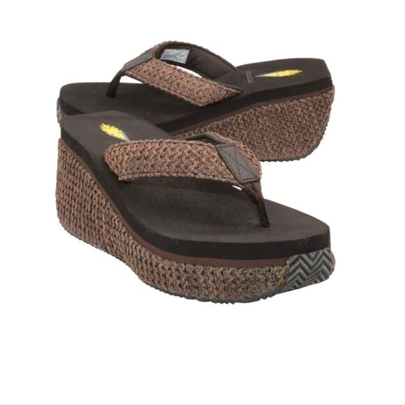 VOLATILE Y2K brown raffia island platform wedge flip flop sandals 9 - Picture 9 of 9